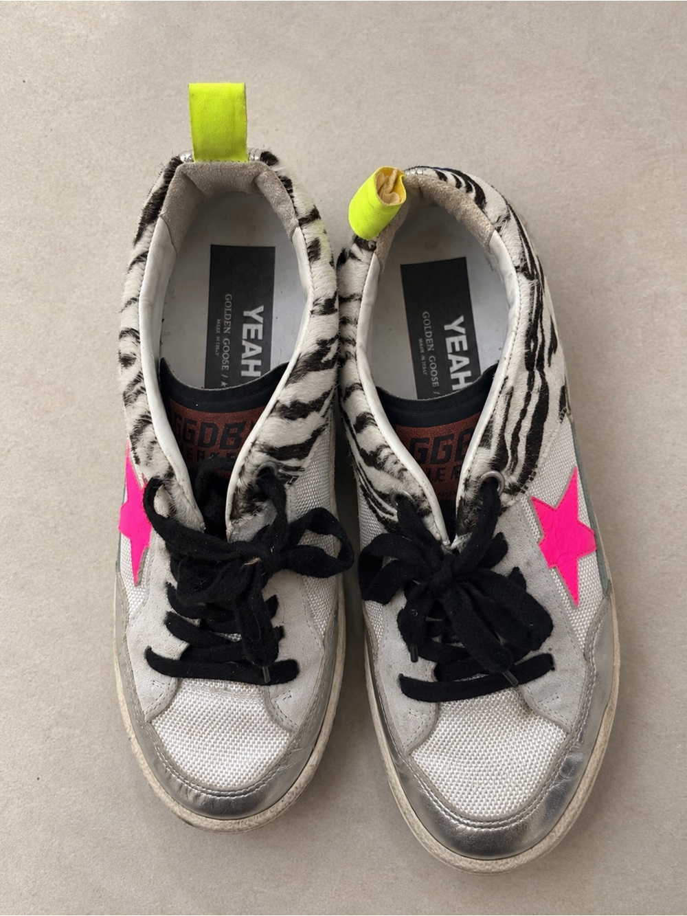 Golden Goose Kids Zebra Print Sneakers with Neon Pink Star and Yellow Pull Tab